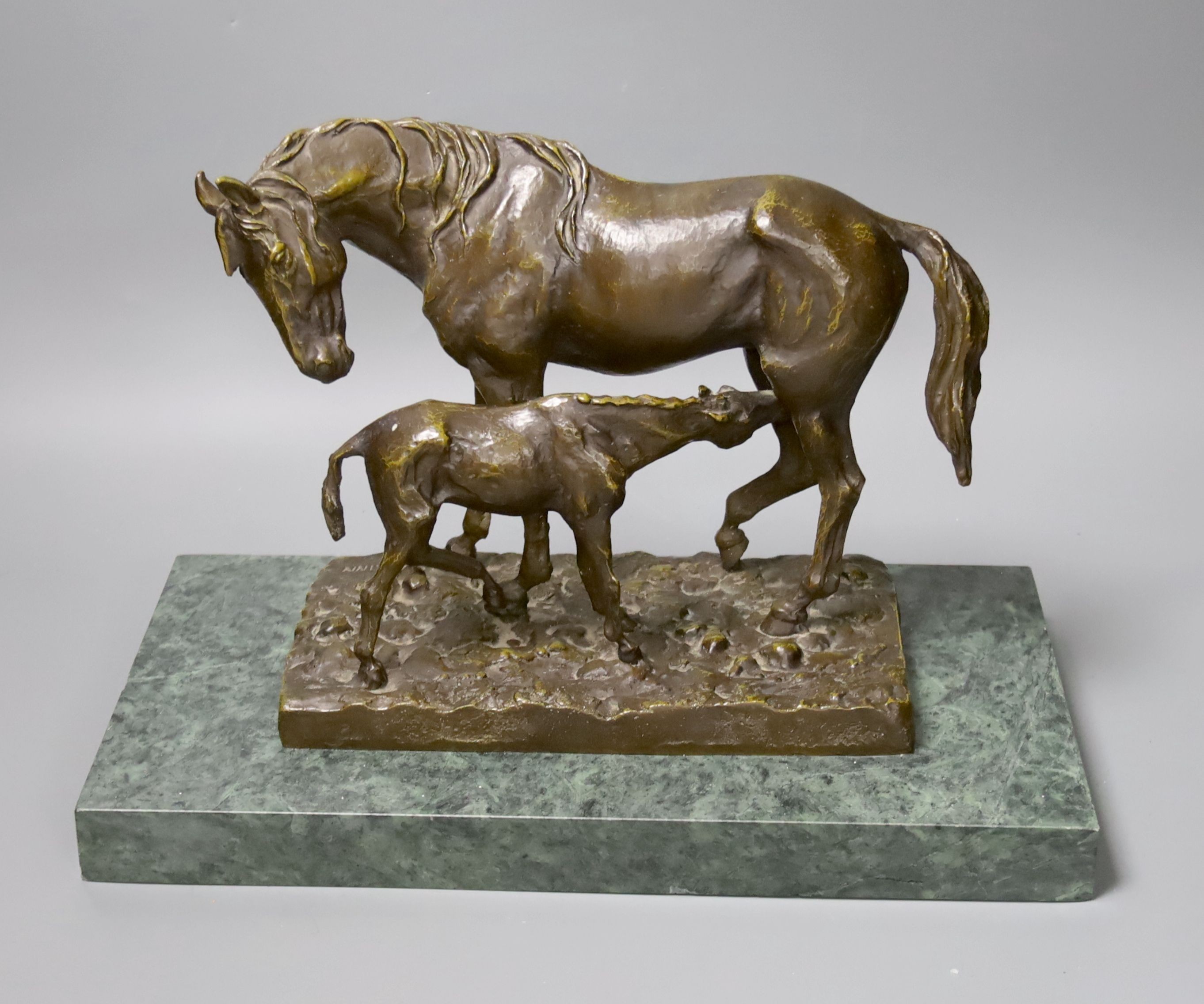 After C Frattin - horse and foal bronze group on marble base 35cm